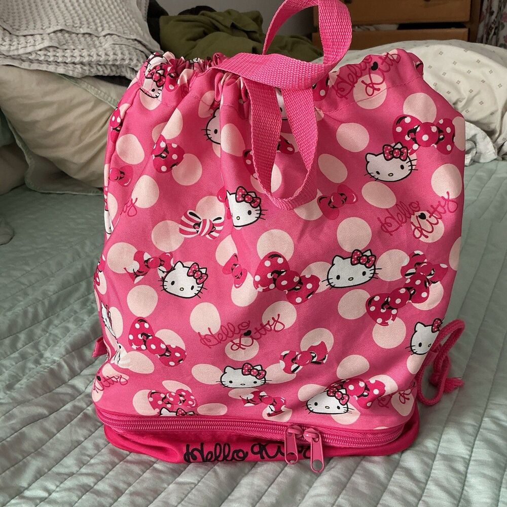 Hello Kitty Pink Polka Dot Drawstring Backpack Tote Bag Sanrio Travel Gym Bag